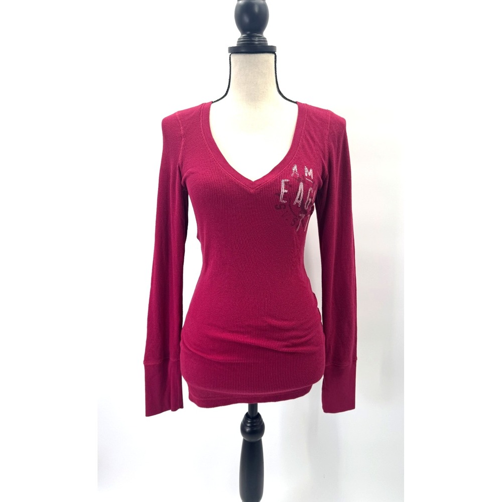 Retro Y2K American Eagle Thermal Knit Deep V-Neck Henley Top Large Fuschia Logo